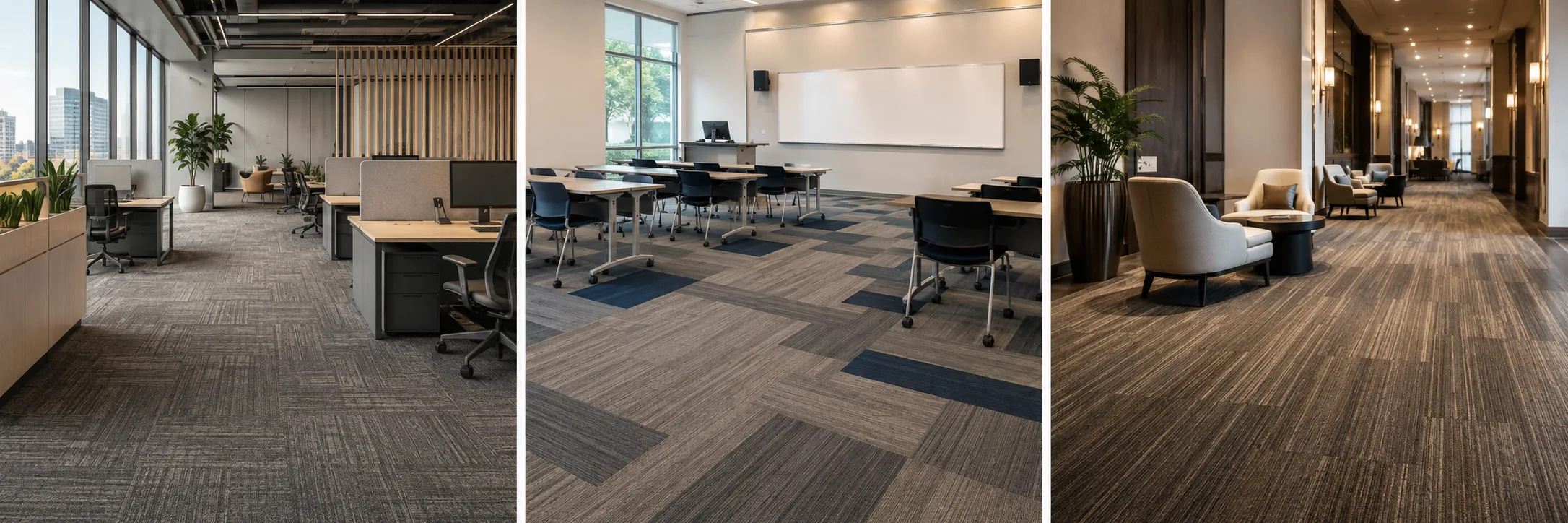 Representative commercial carpet tile applications in office, education and hospitality settings