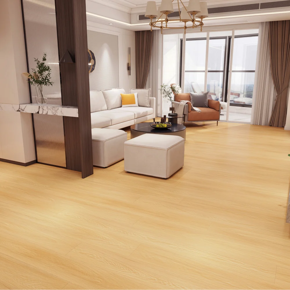 Commercial vinyl plank flooring (SPC) in Toffee Oak, room scene