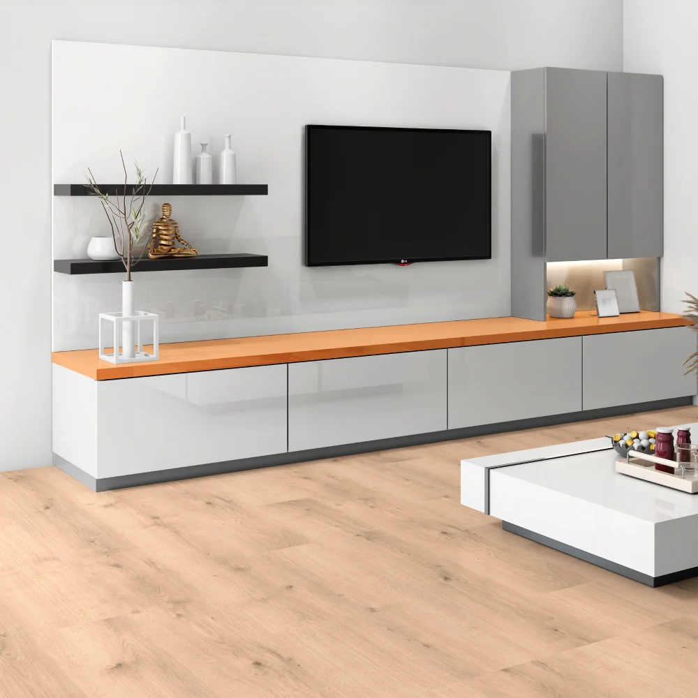 Commercial vinyl plank flooring (SPC) in Buttercream Maple, room scene