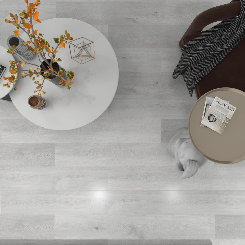 Commercial vinyl plank flooring (SPC) in Ivory Mist Oak, room scene