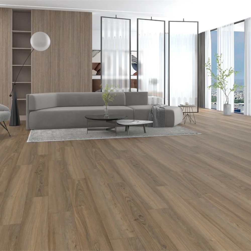 Commercial vinyl plank flooring (SPC) in Old World Walnut, room scene