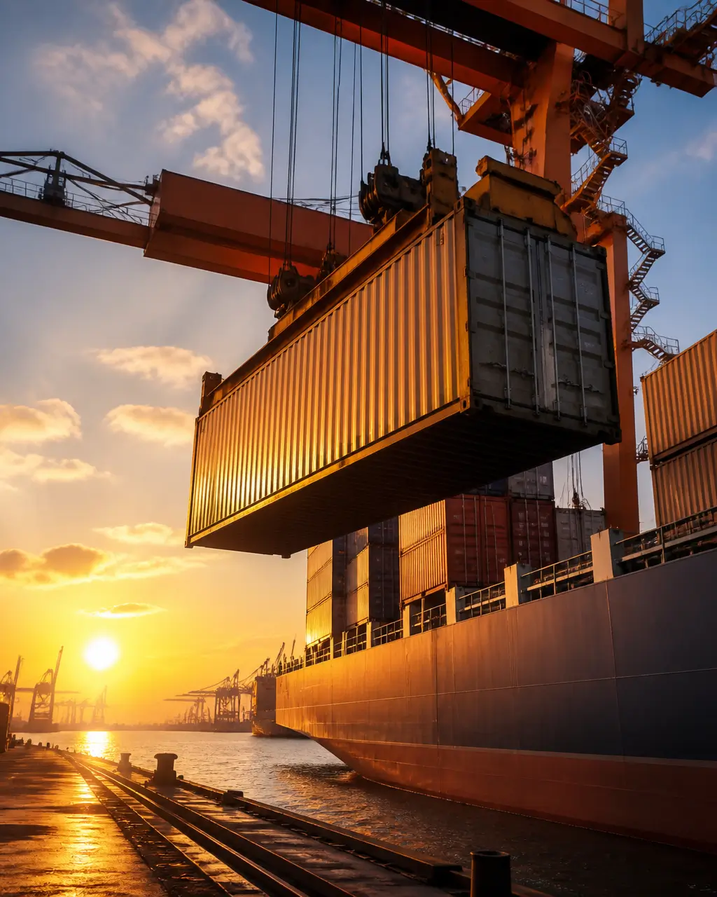Shipping container being offloaded at a U.S. port for a commercial flooring container program