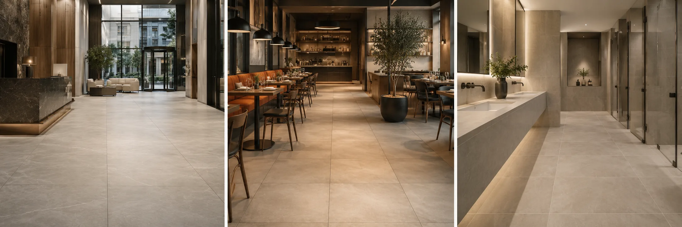 Representative commercial porcelain tile applications in lobby, restaurant and restroom settings