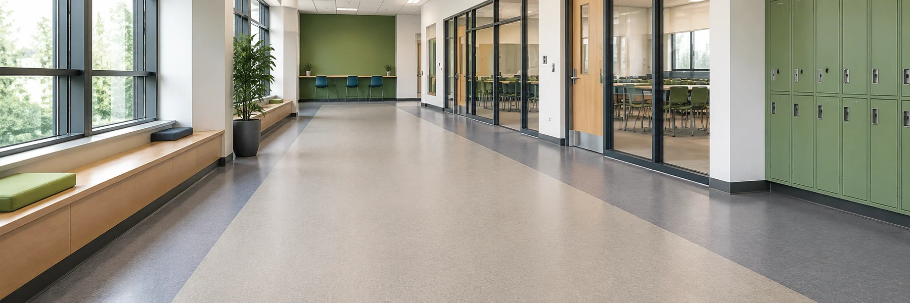 School flooring in a modern education corridor with classrooms, lockers and resilient flooring