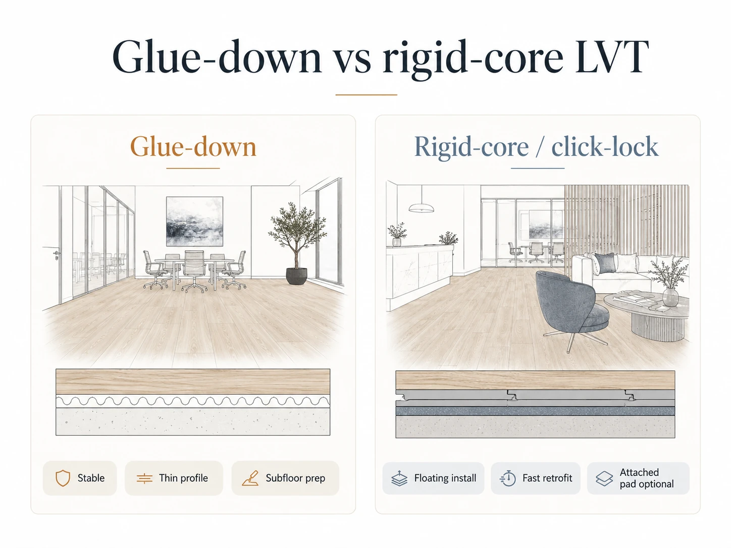 Glue-down versus rigid-core click-lock LVT flooring comparison for commercial projects