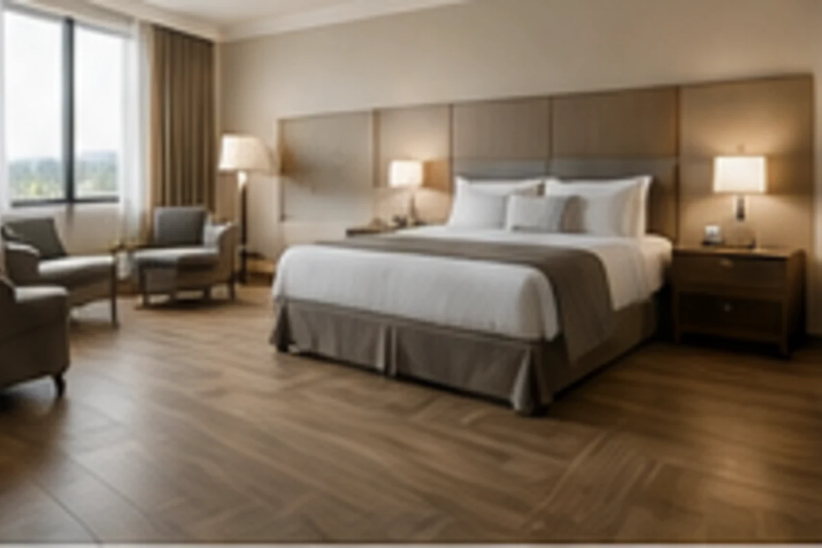 Hotel flooring in a guest room with a warm wood-look resilient floor