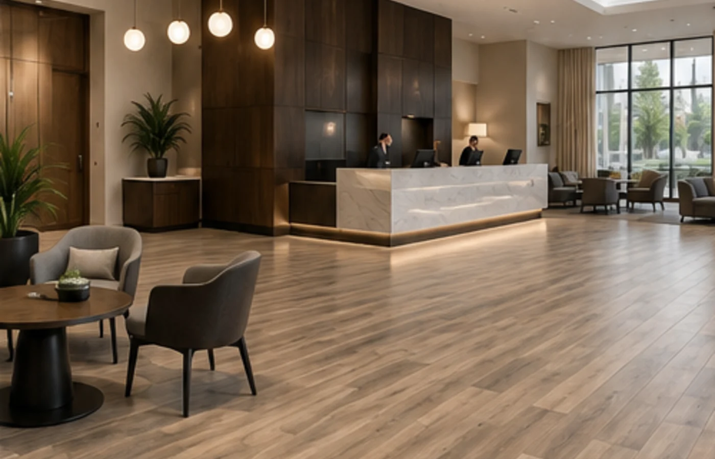 Hospitality and hotel flooring in a modern hotel lobby and reception area
