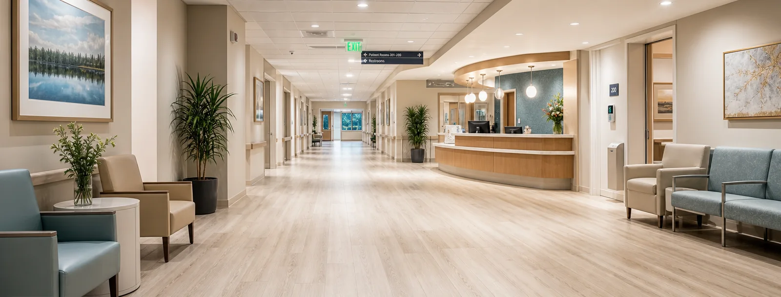 Skilled nursing flooring in a long-term care corridor and care environment