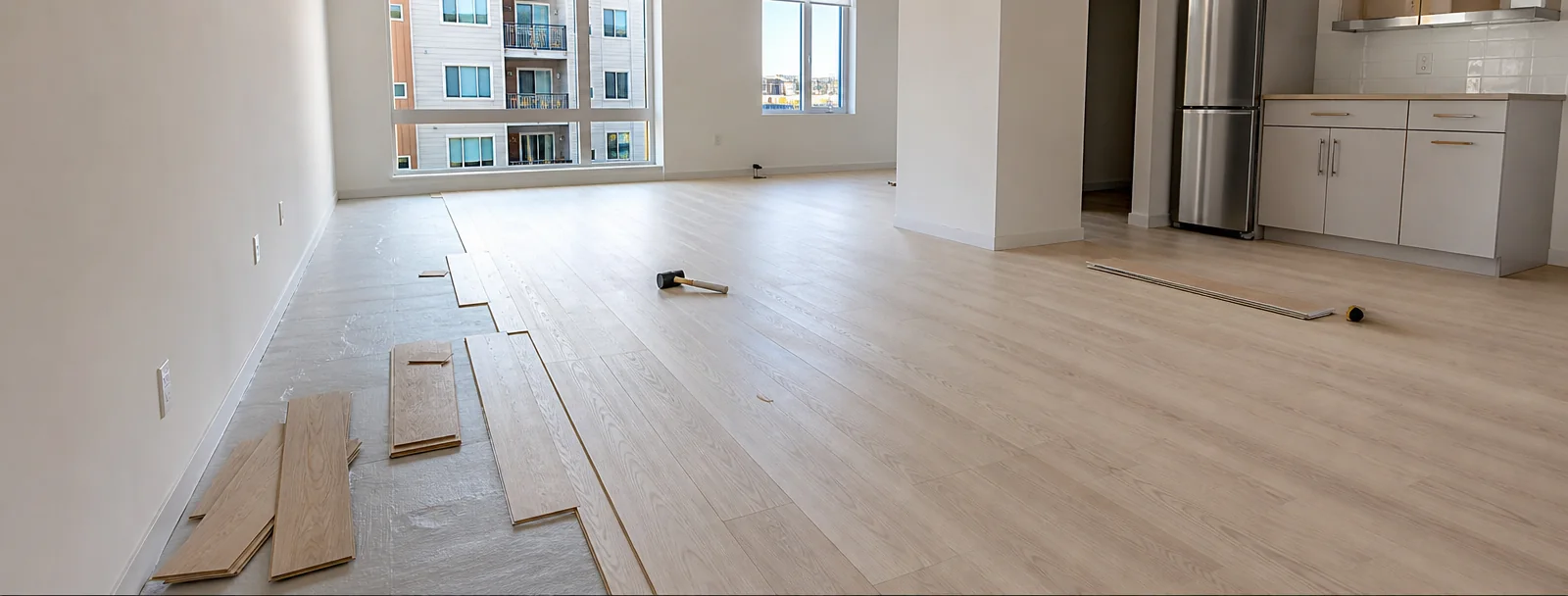 Commercial multifamily flooring installation with wood-look LVP in an apartment