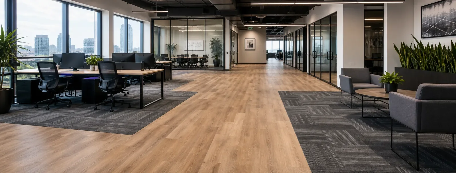 Medical office flooring concept with resilient flooring and carpet tile in a modern professional interior