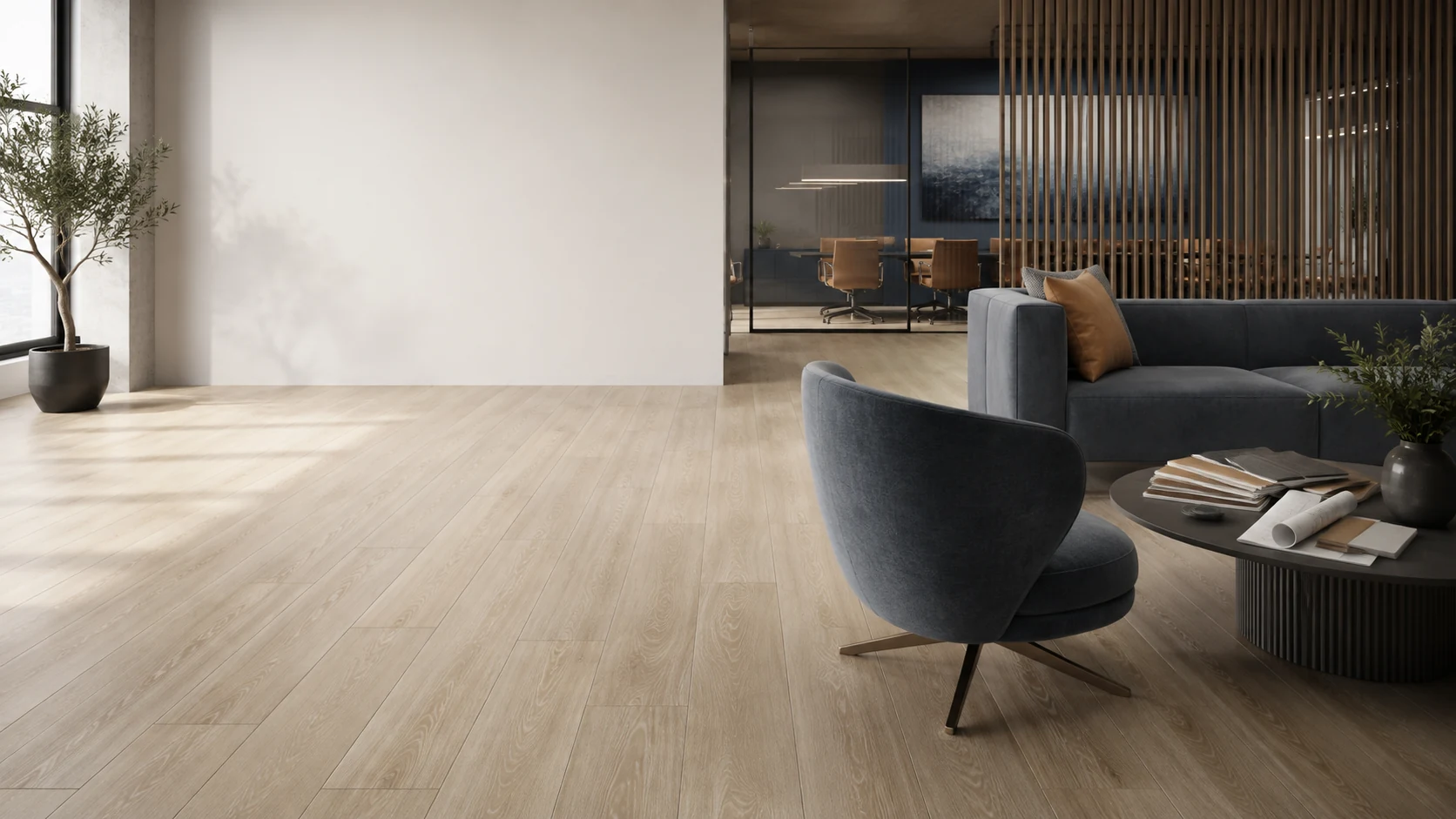 Commercial LVT flooring installed in a modern office lounge