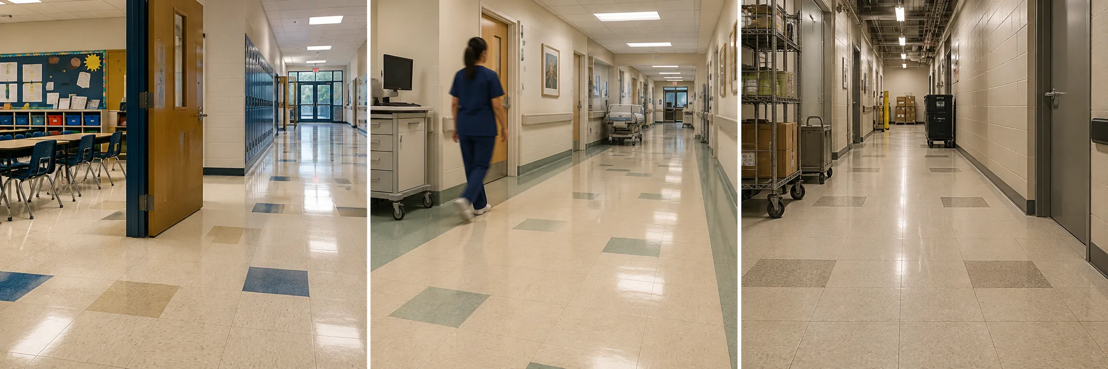 Representative VCT flooring applications in school, healthcare and institutional corridors